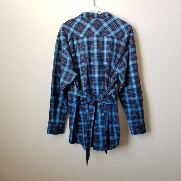 NWT Pam & Gela Tie Back Plaid Blue Tartan Tunic Shirt L - Picture 7 of 8